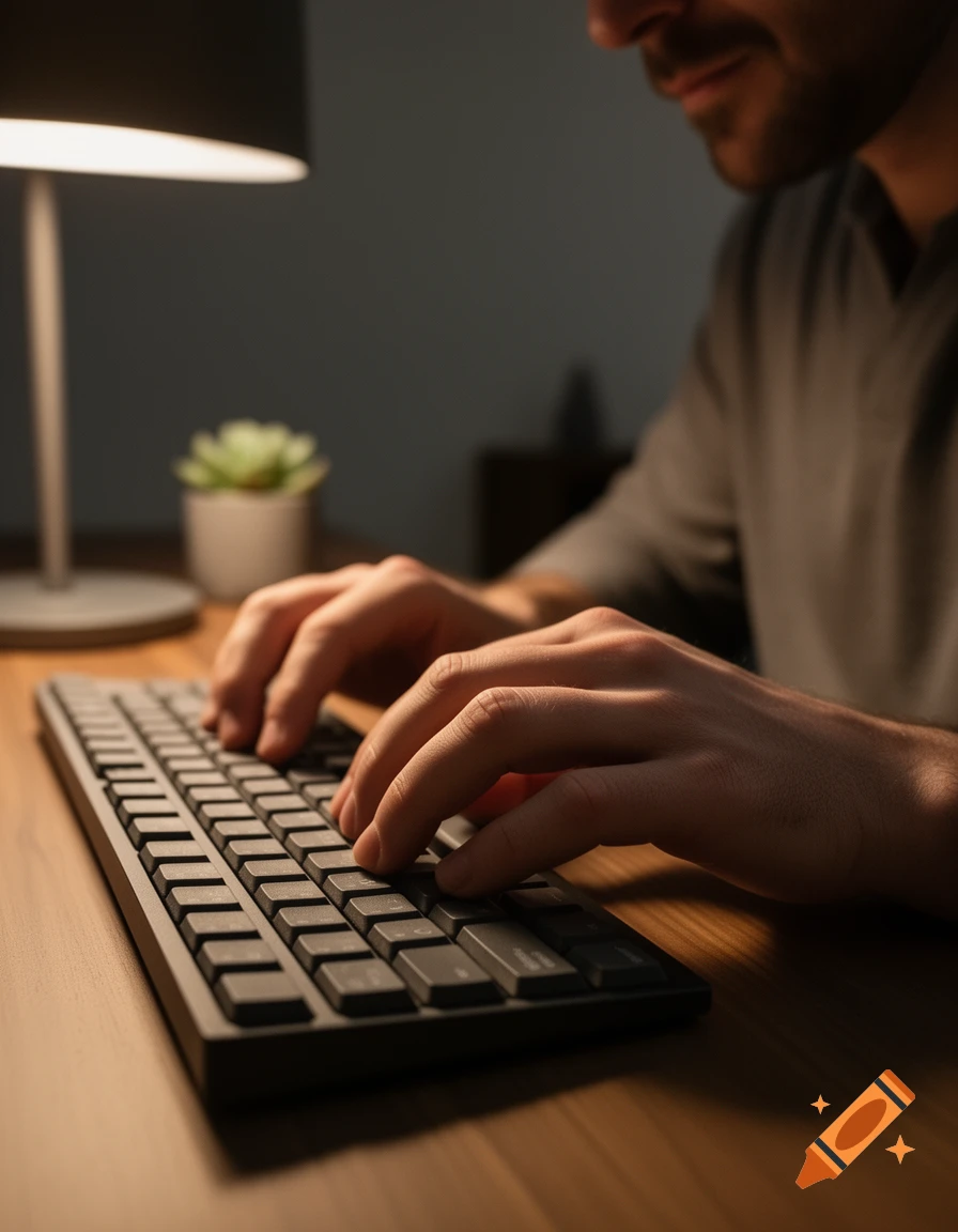 Close-up of a person's hands typing on a dark mechanical keyboard on a wooden desk, illuminated by a lamp.