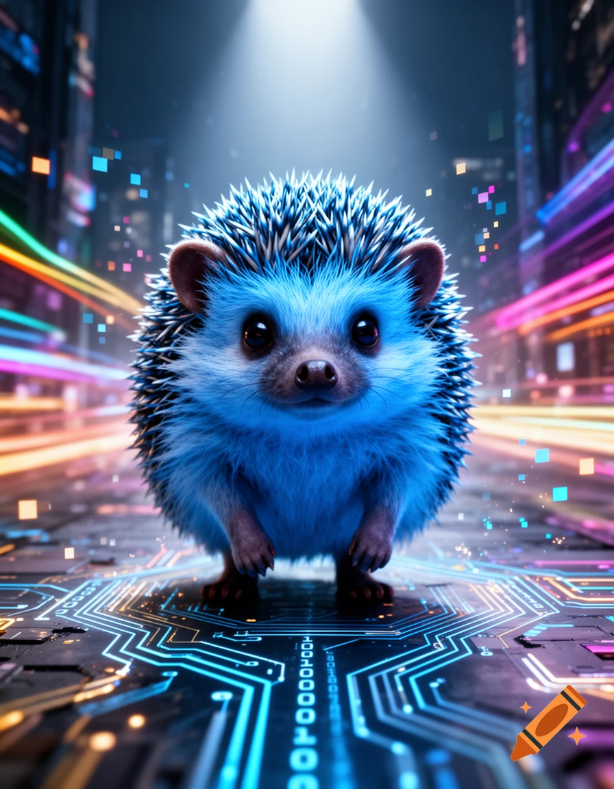 A cute blue hedgehog stands on a glowing circuit board path in a futuristic city with bright neon lights.