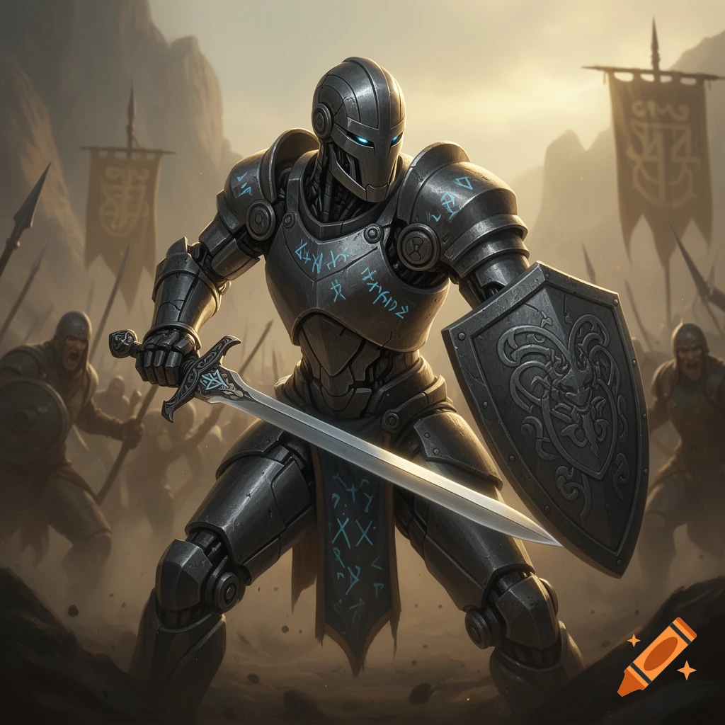 A heavily armored robot warrior with glowing blue eyes holds a longsword and shield, standing on a battlefield with other warriors and banners.
