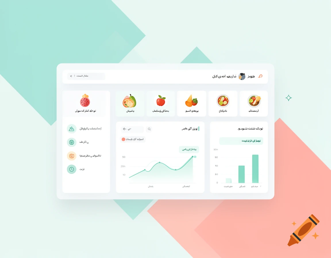 A clean, modern user interface dashboard for a nutrition automation app, featuring fruit icons, a line graph, and a bar chart, all on a pastel green and pink background.
