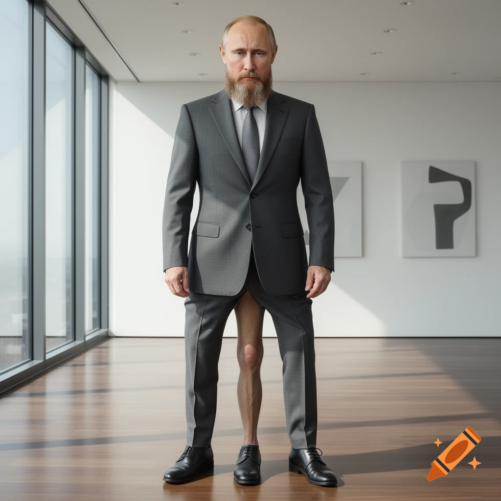 A bearded Vladimir Putin in a grey suit, with one bare leg appearing between his pant legs, stands in a modern office with large windows.
