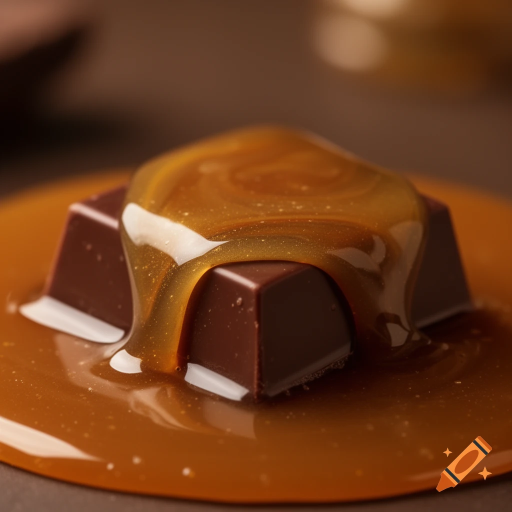 A dark chocolate square topped with thick, glistening golden caramel, pooled around its base on a brown surface.