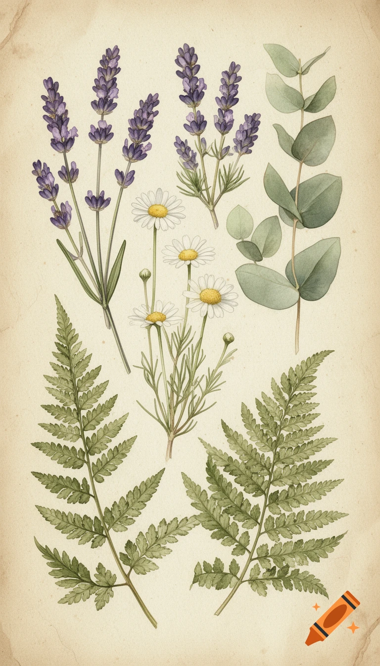 Watercolor illustration of lavender, daisies, eucalyptus, and fern leaves on an antique paper background, like a vintage herbarium.