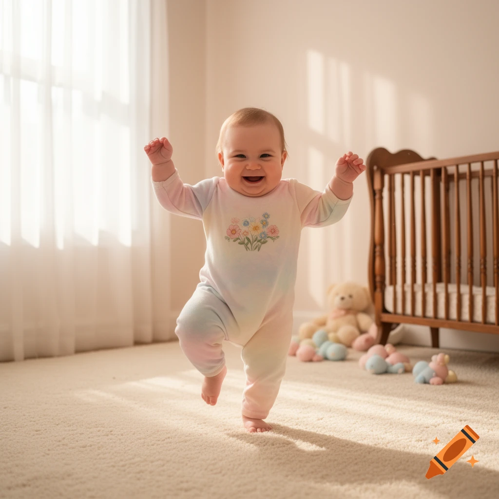 A happy baby in a pastel onesie stands on a carpeted floor in a sunny room with a crib and toys.
