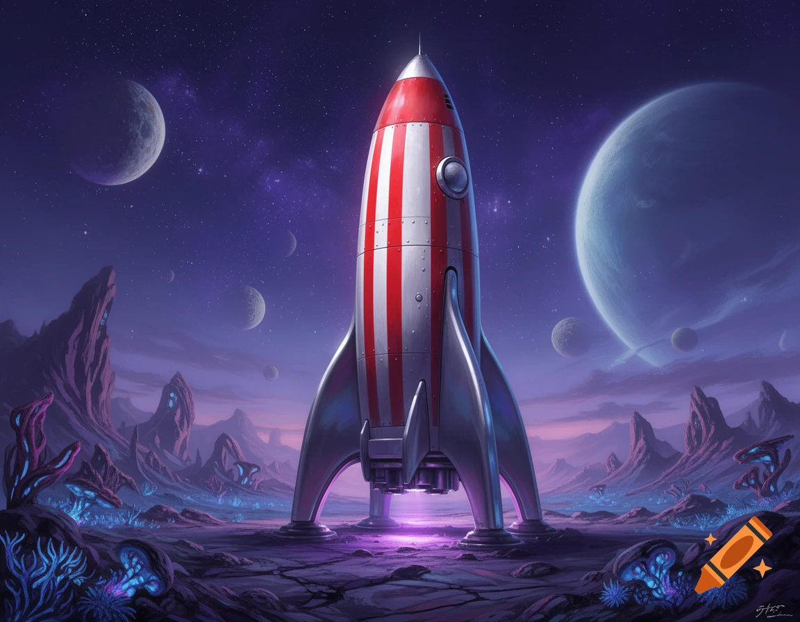 A red and white striped retro rocket on a purple alien planet with glowing flora, under a star-filled sky with multiple moons, in an illustrative style.