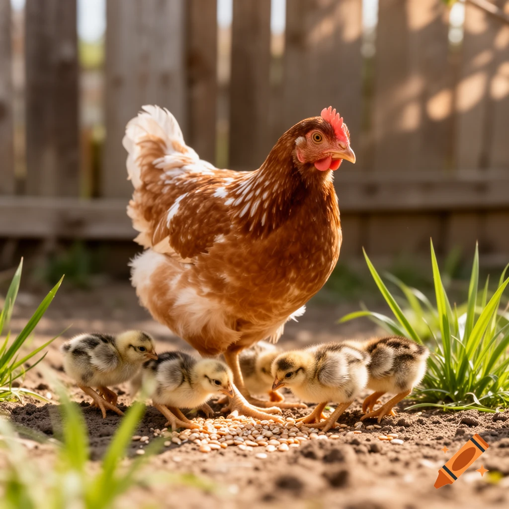 A photorealistic image of a brown hen with white markings and her small chicks feeding on grain on the ground, with a wooden fence in the background.