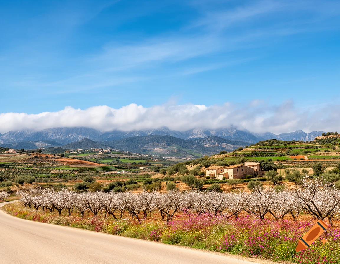 A scenic winding road through a rural landscape with blooming trees, green fields, and houses, backed by cloudy mountains.