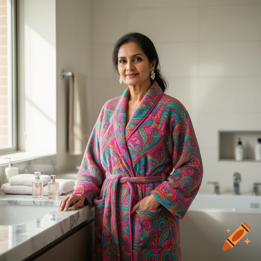 An Indian woman in a vibrant, colorful paisley bathrobe stands in a modern bathroom.