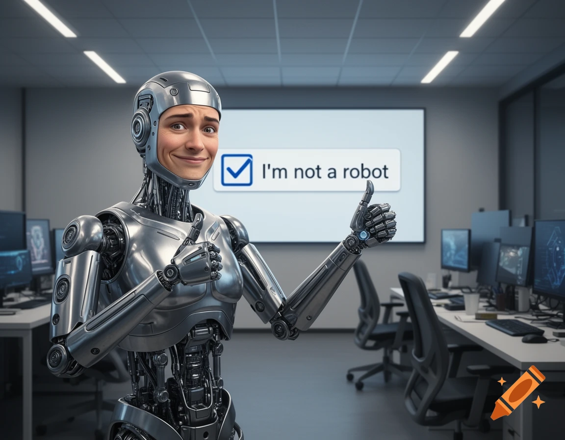 A photorealistic silver robot with a human face smiling confusedly, giving a thumbs up in an office with an 'I'm not a robot' checked box on a screen behind it.