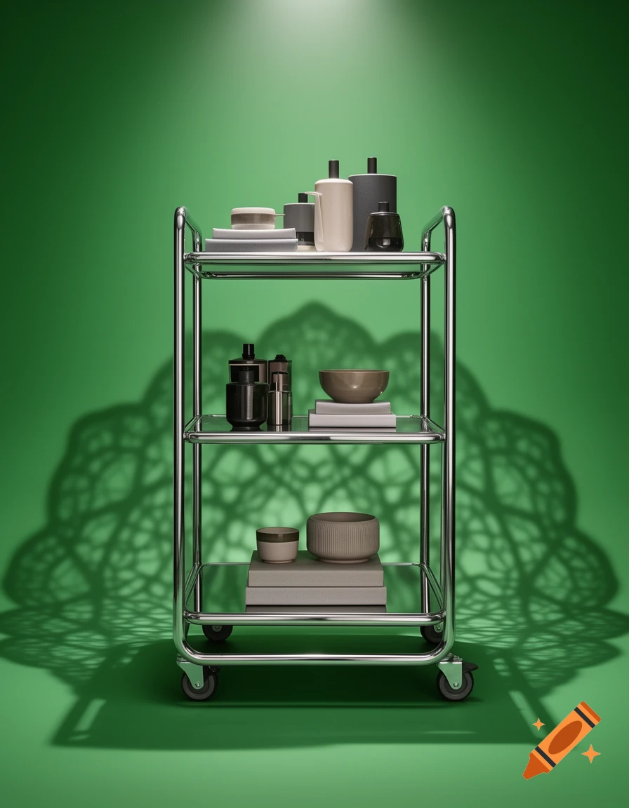 A chrome rolling cart with vases, bowls, and books on a green background with an intricate shadow.