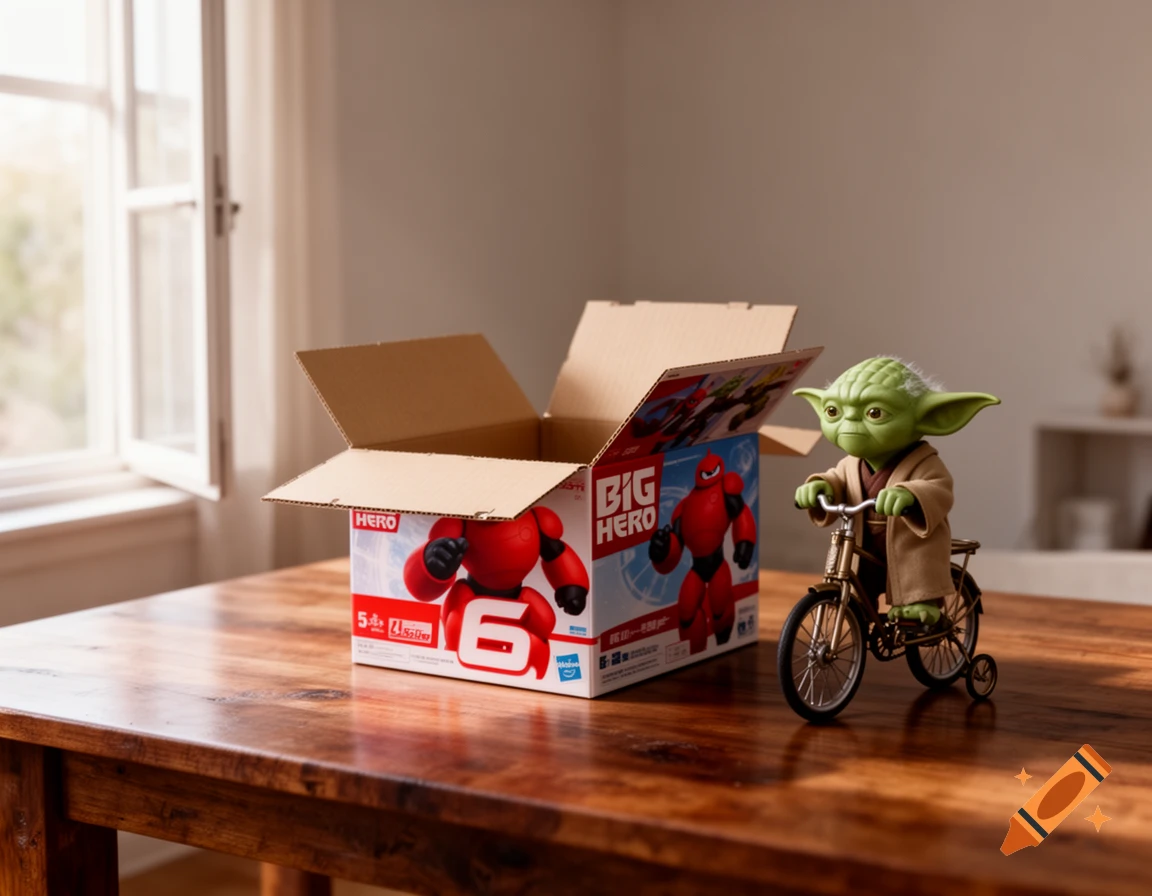 A Yoda toy riding a miniature bicycle next to an open 'Big Hero 6' box on a wooden table, by a window.