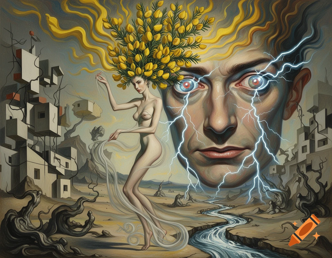 Surreal painting of a nude woman with a flowering plant head, standing next to a giant man's face with lightning eyes, in a desolate landscape with cubist buildings.