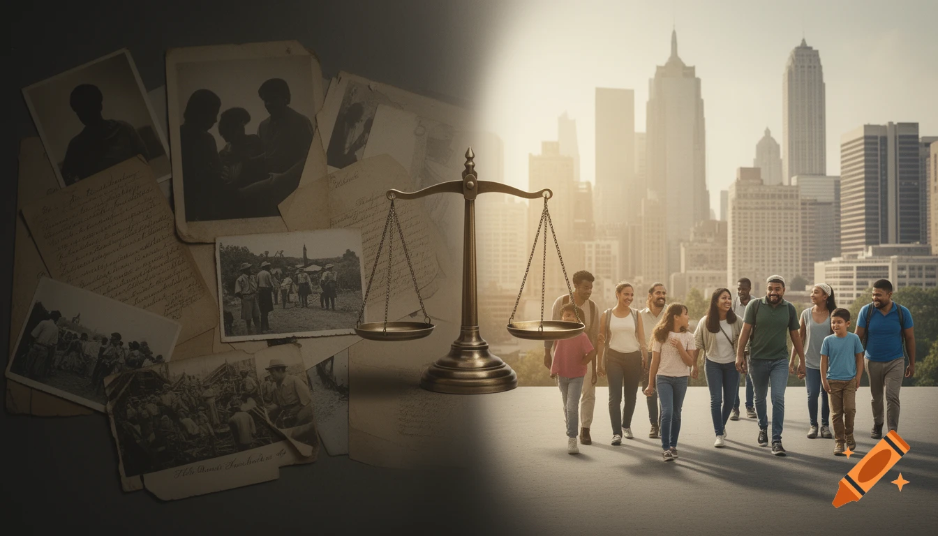 A symbolic image split between old photos and documents on the left, a brass scale of justice, and diverse families walking in a modern city on the right.