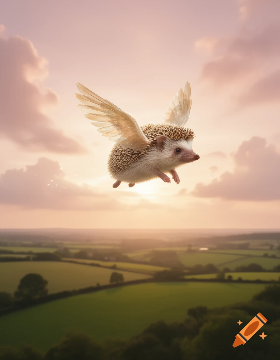 A fluffy hedgehog with translucent wings flies through a soft pink and orange sunset sky above green rolling hills and fields.