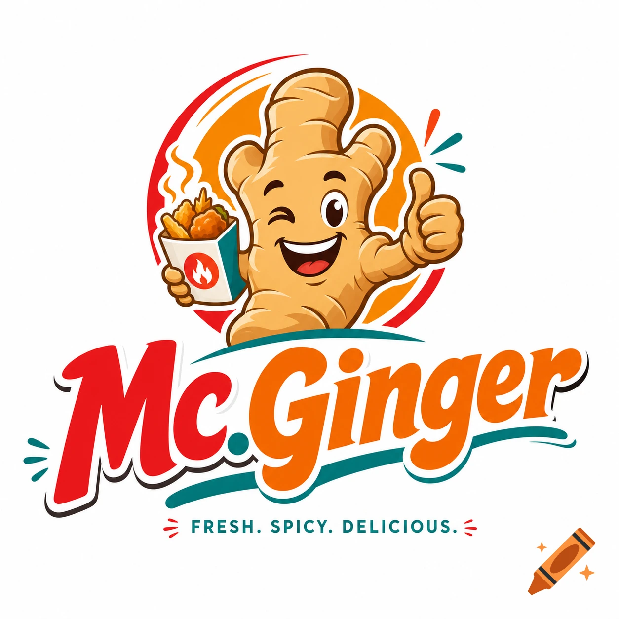 Cartoon logo for Mc.Ginger fast food, featuring a winking ginger root mascot holding fried chicken and giving a thumbs up. Text: FRESH. SPICY. DELICIOUS.