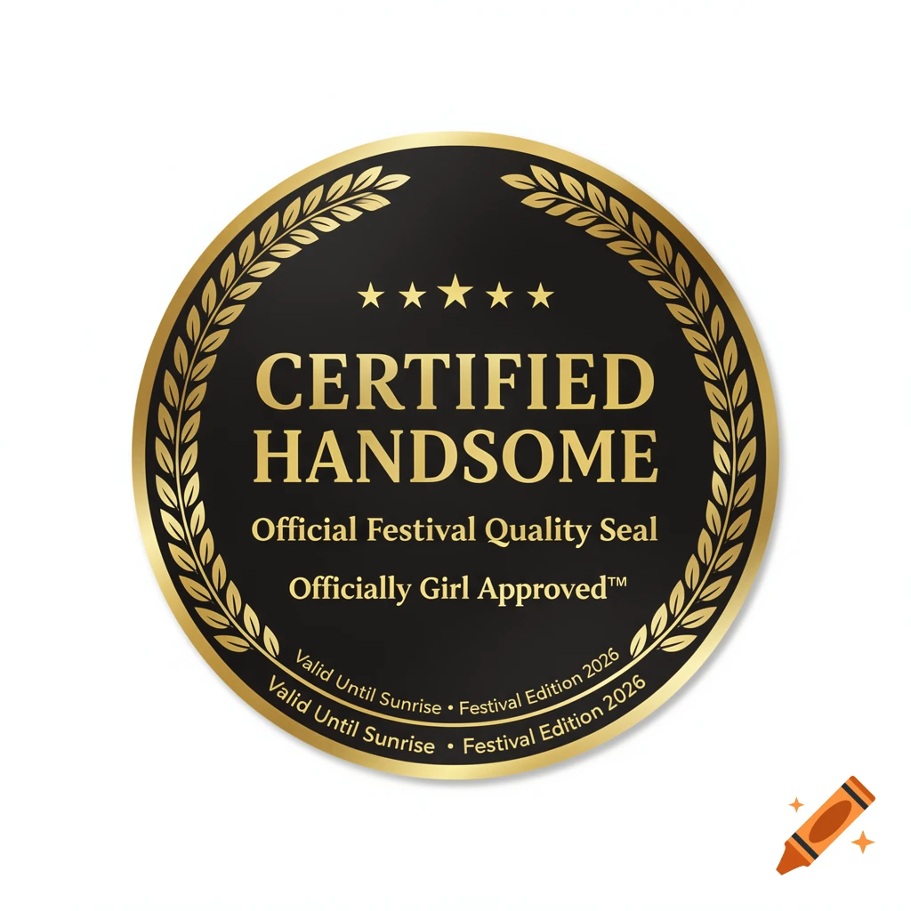 A black and gold round award seal with a laurel wreath, five stars, and text "Certified Handsome", "Officially Girl Approved", and "Festival Edition 2026".