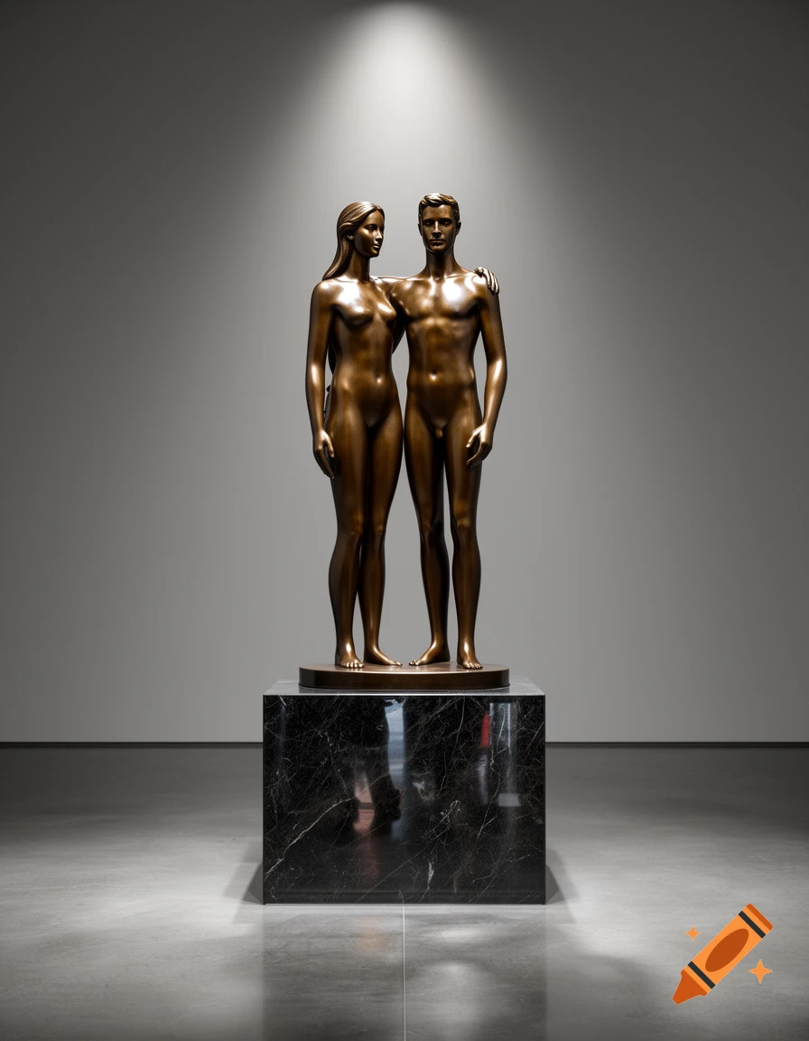 Bronze sculpture of a nude man and woman standing together on a black marble pedestal under a spotlight in a minimalist gallery.