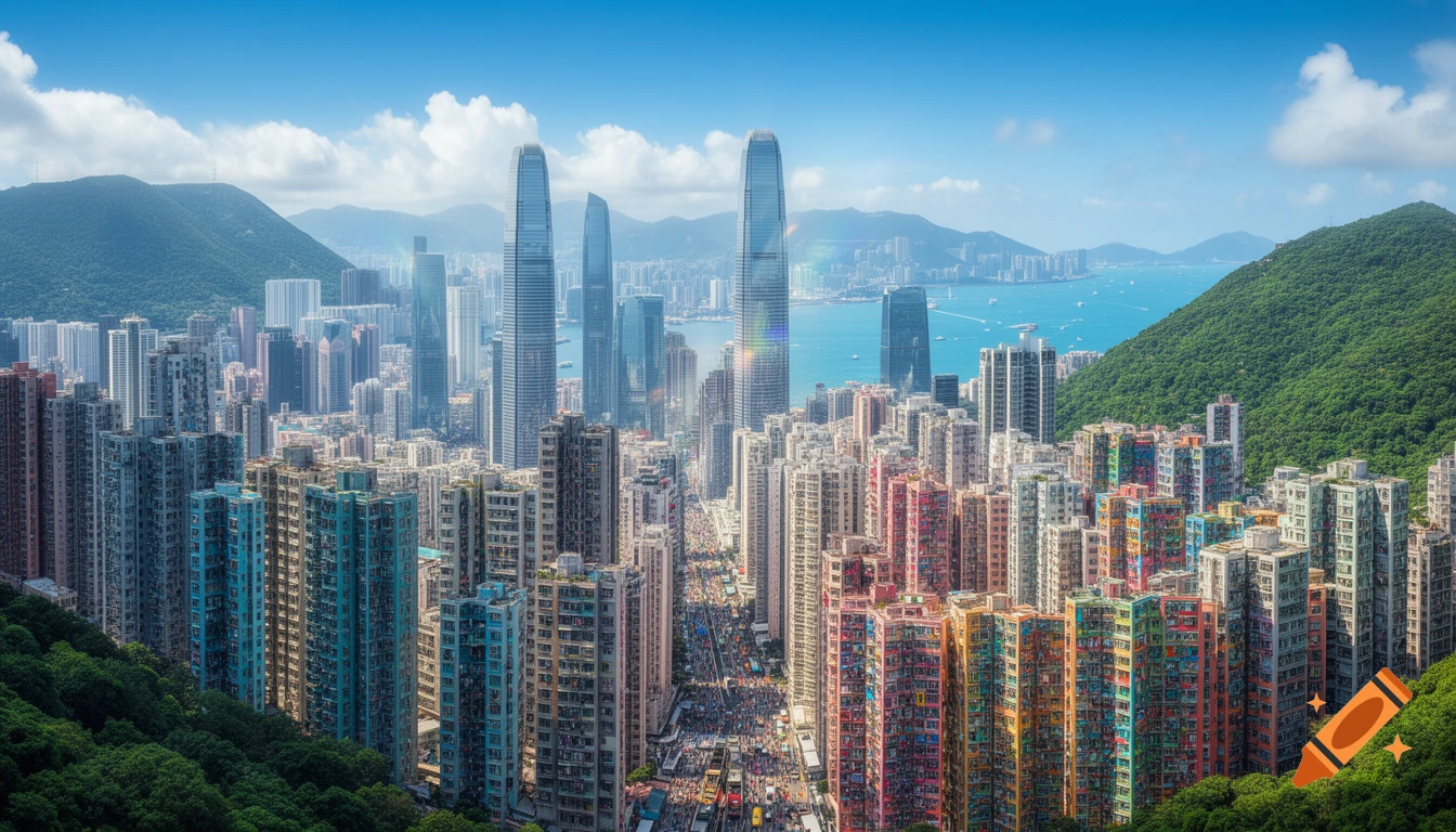 A high-angle, photorealistic panoramic view of a dense metropolis with colorful high-rises, skyscrapers, green mountains, and a blue bay.