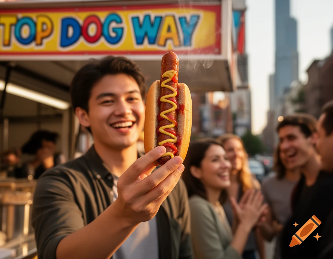 A smiling man holds a hot dog with mustard and ketchup upright in front of a 'TOP DOG WAY' food stand.