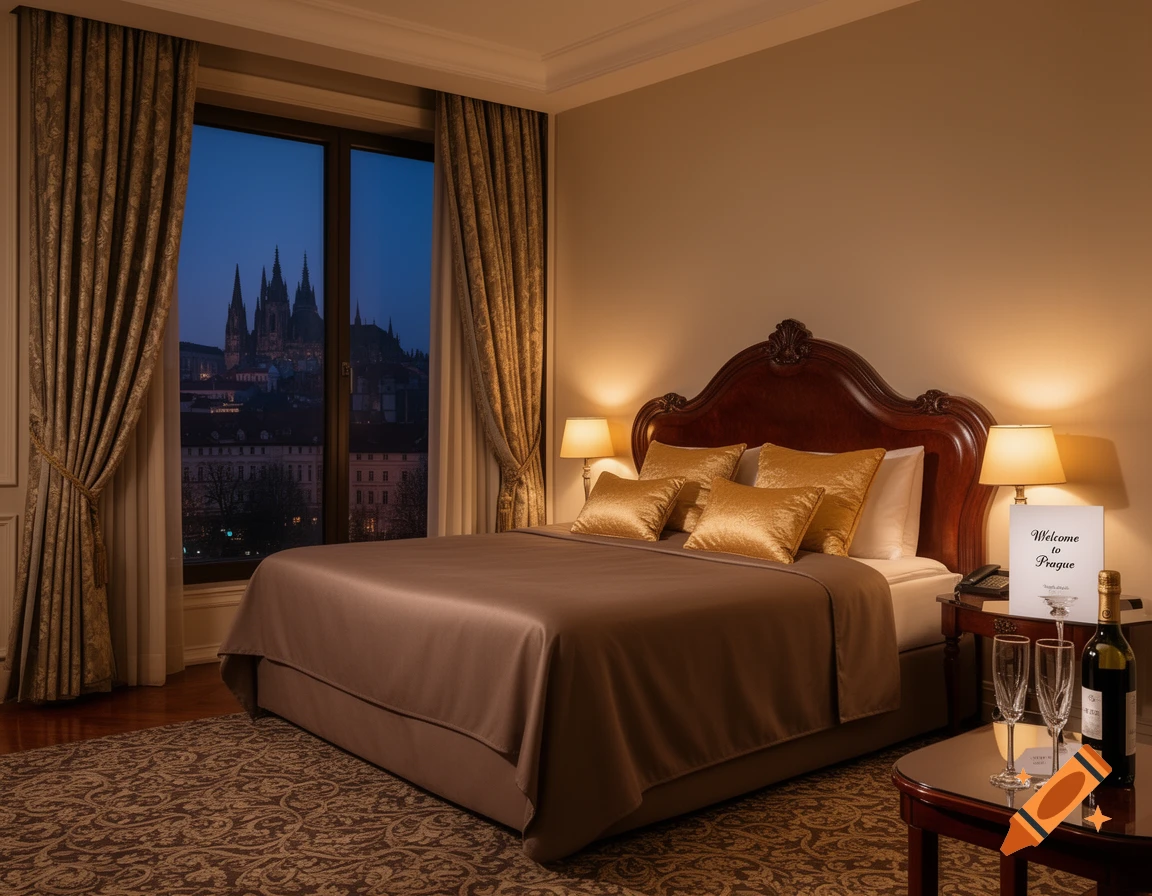 A luxurious hotel room at dusk, featuring a bed with gold pillows, two lamps, a bottle of wine, and champagne flutes, with a window view of Prague Castle.