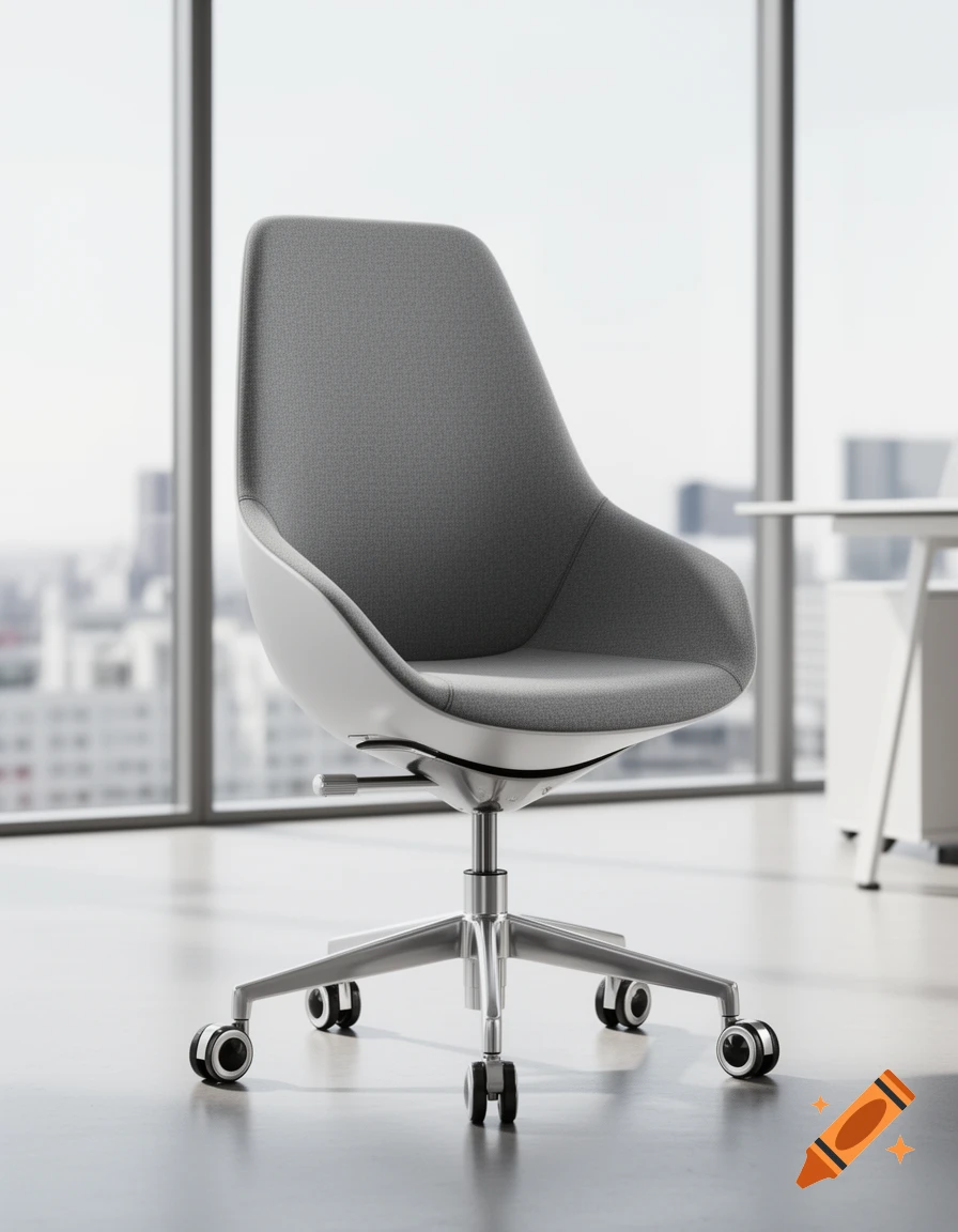 A modern grey office chair with wheels and height adjustment in a brightly lit office with a city view.