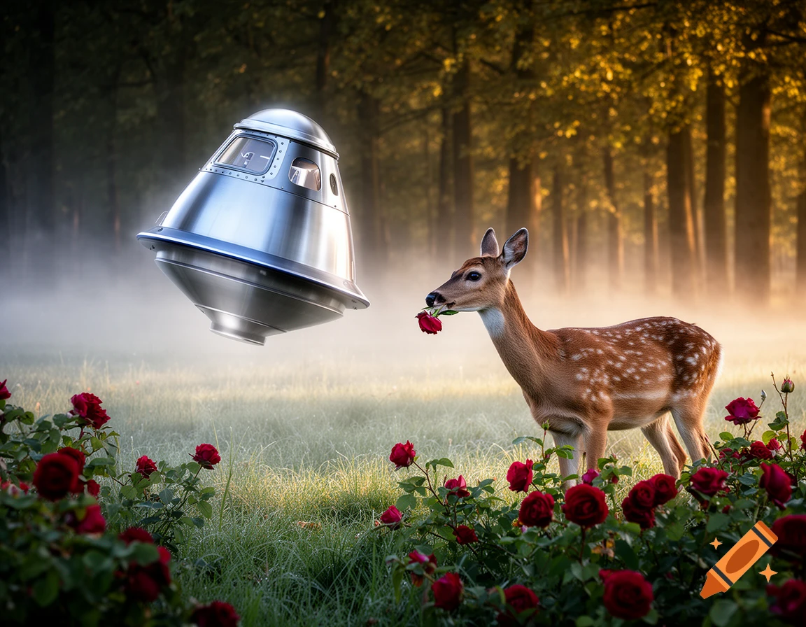 A photorealistic fawn holds a red rose, looking at a hovering silver space capsule in a misty forest with abundant red roses.