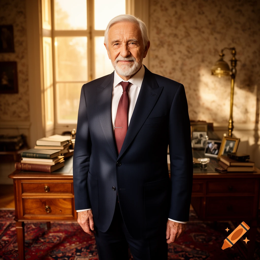 Photorealistic portrait of an older man with white hair and a beard, wearing a dark suit and red tie, standing in a study.