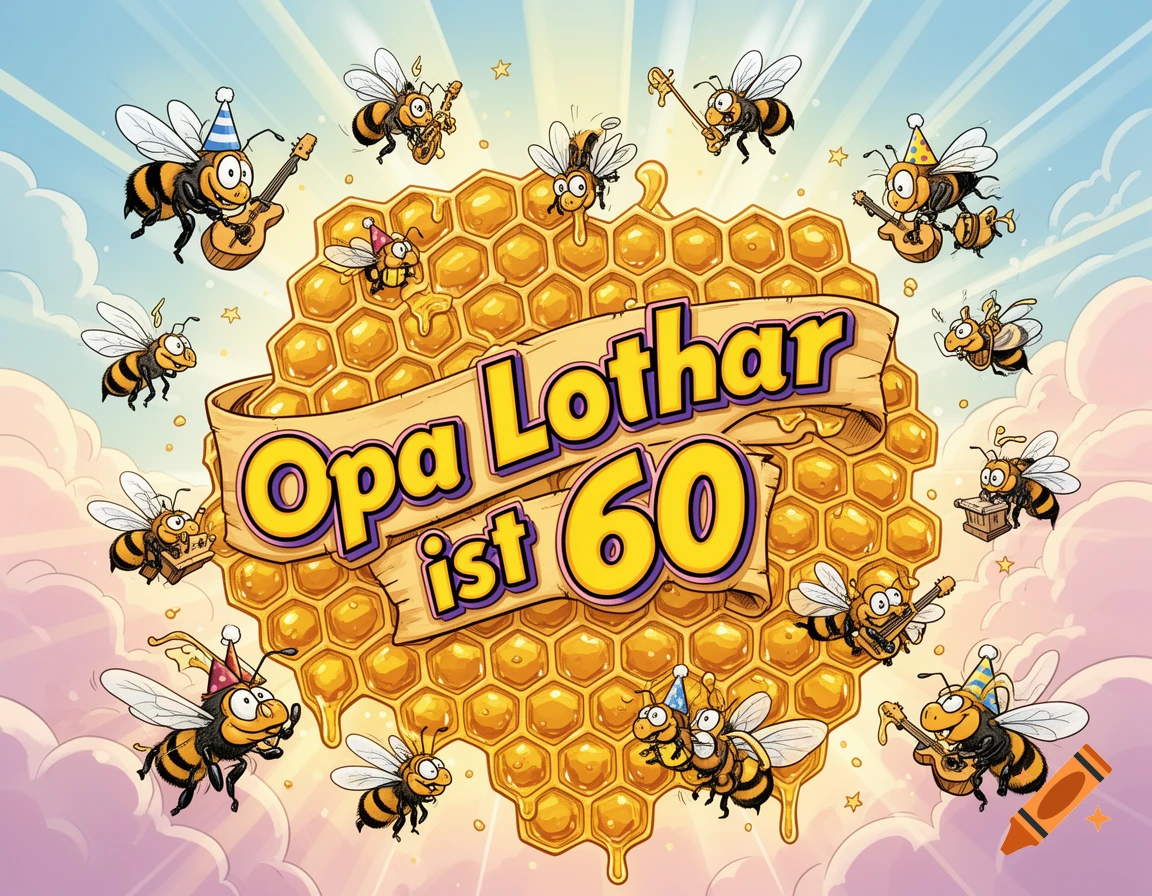 Cartoon bees in party hats play instruments around a honeycomb banner with 'Opa Lothar ist 60' against a sunny sky background.