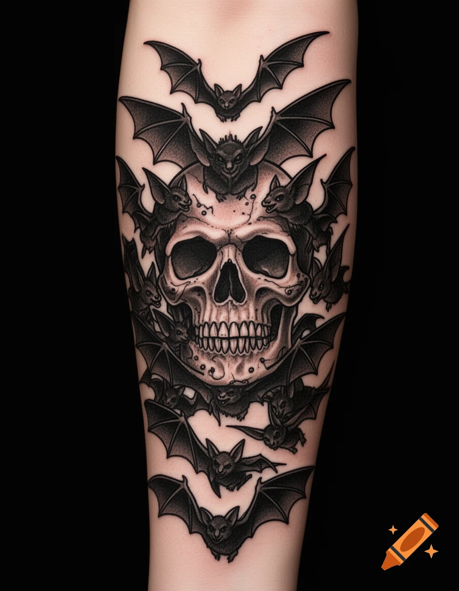 American traditional tattoo of a detailed skull surrounded by numerous bats, forming a sleeve design on a forearm.