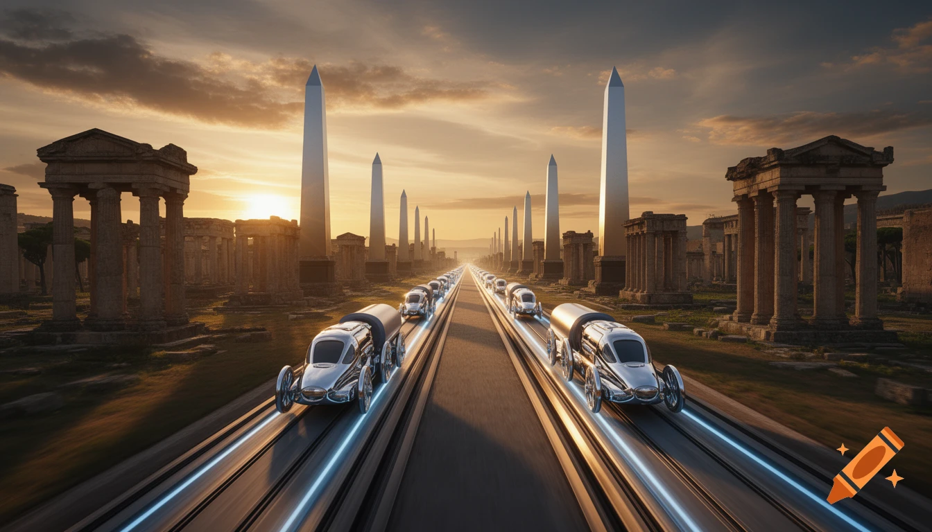 Futuristic chrome cargo vehicles glide on magnetic roads through ancient ruins and modern obelisks at sunset, cinematic style.