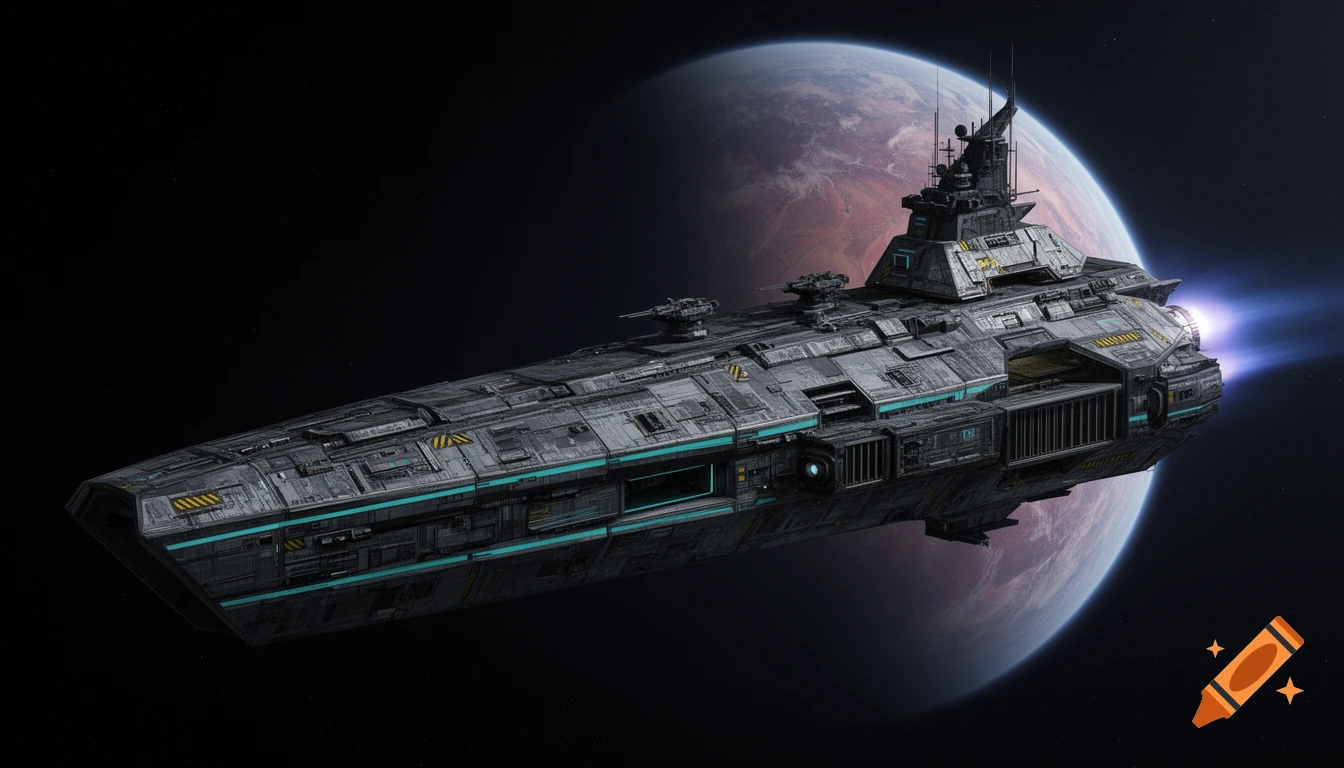 Detailed gunmetal grey blade-shaped deep space freighter with teal accents and glowing thrusters, flying near a gas giant planet.