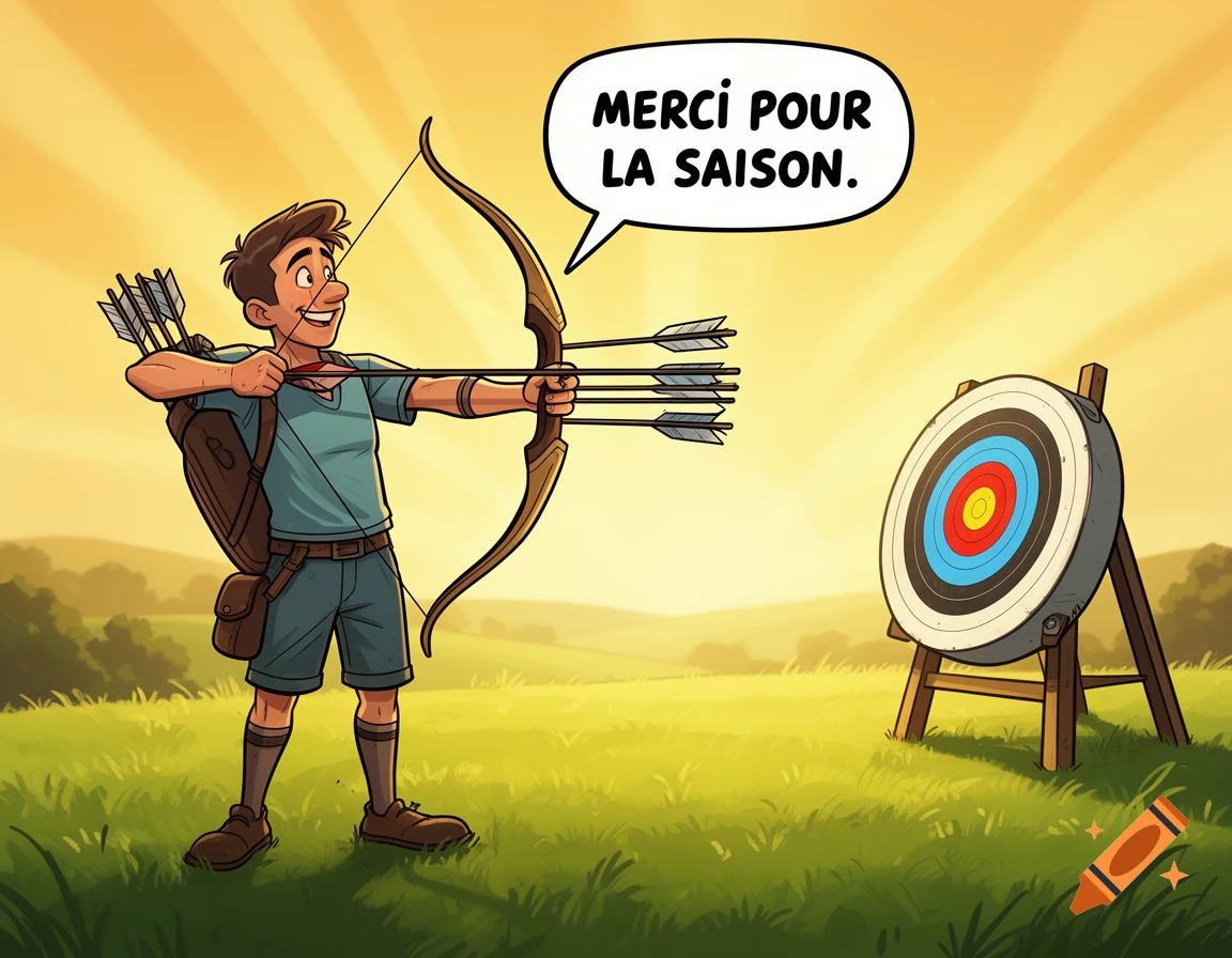 A smiling cartoon boy with a bow and arrows aims at a target in a sunny field, with text "MERCI POUR LA SAISON."