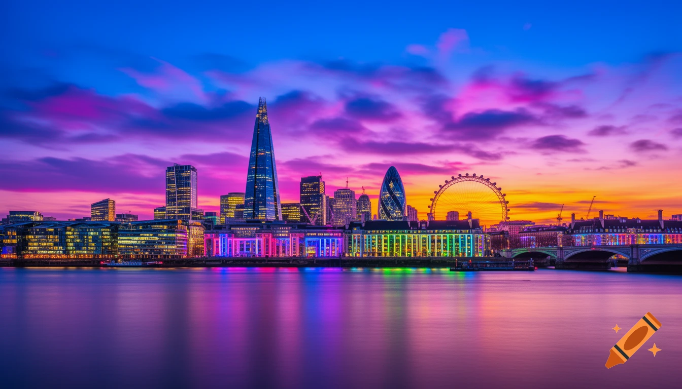 Vibrant sunset over the London skyline featuring The Shard, Gherkin, and London Eye, with colorful reflections in the Thames.