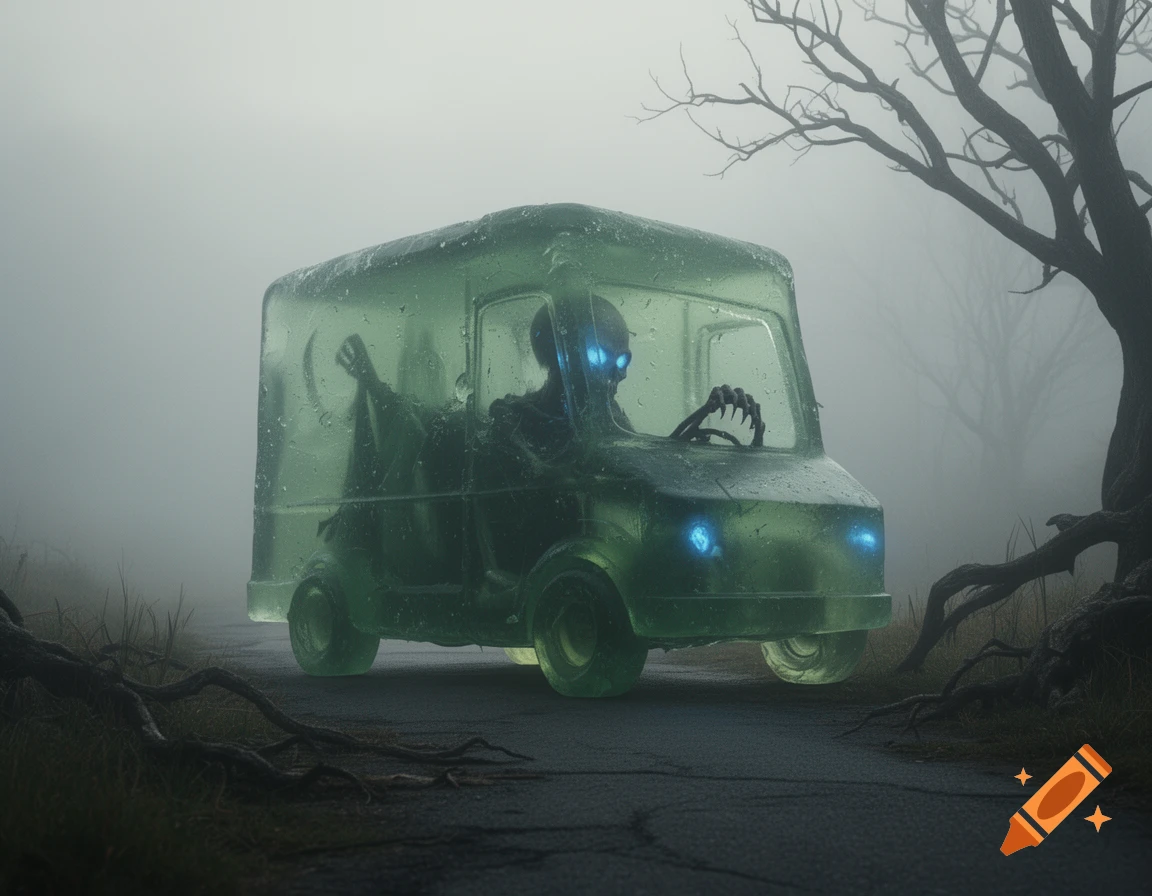 A transparent green gelatinous cube shaped van, driven by a glowing-eyed lich, emerges from dense fog on a path with bare trees.