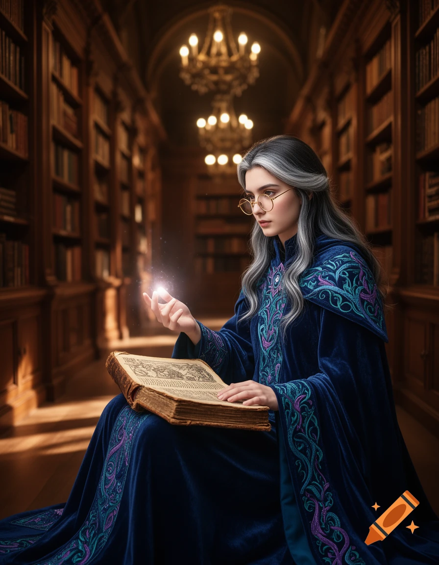 A young fantasy scholar-mage with silver-streaked dark hair and glasses sits in a library, holding an ancient book with a magical glow emanating from her fingertips. She wears elegant velvet robes with teal and violet embroidery.
