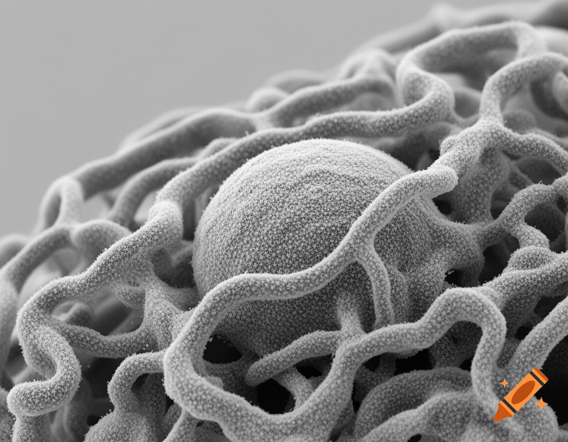 Electron microscope view of a cell nucleus and endoplasmic reticulum with granular texture in grayscale.