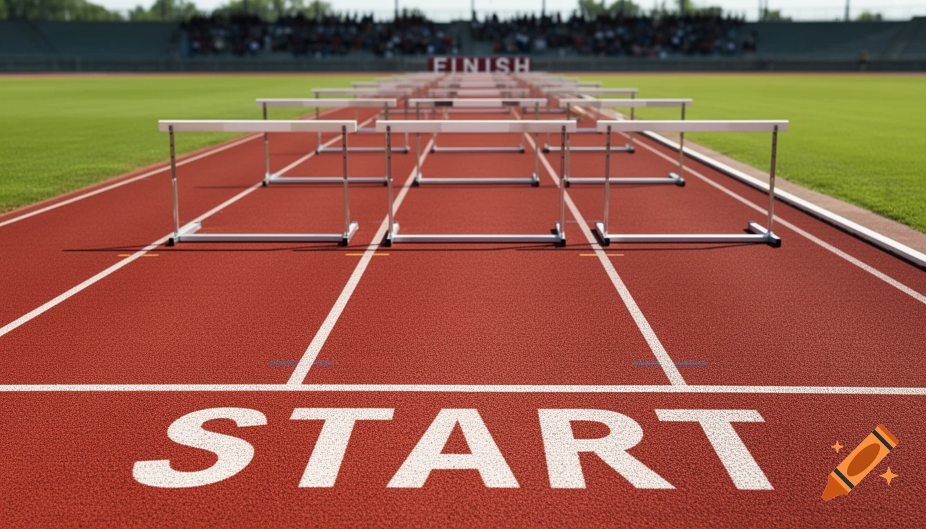 Photorealistic running track with hurdles, a 'START' line in the foreground and 'FINISH' in the distance.