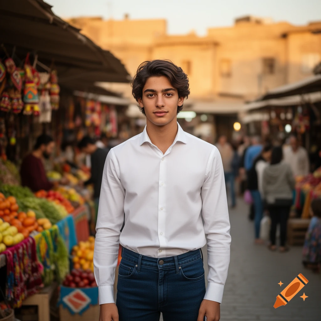 Photorealistic portrait of a young man in a white shirt and jeans standing in a bustling outdoor marketplace.