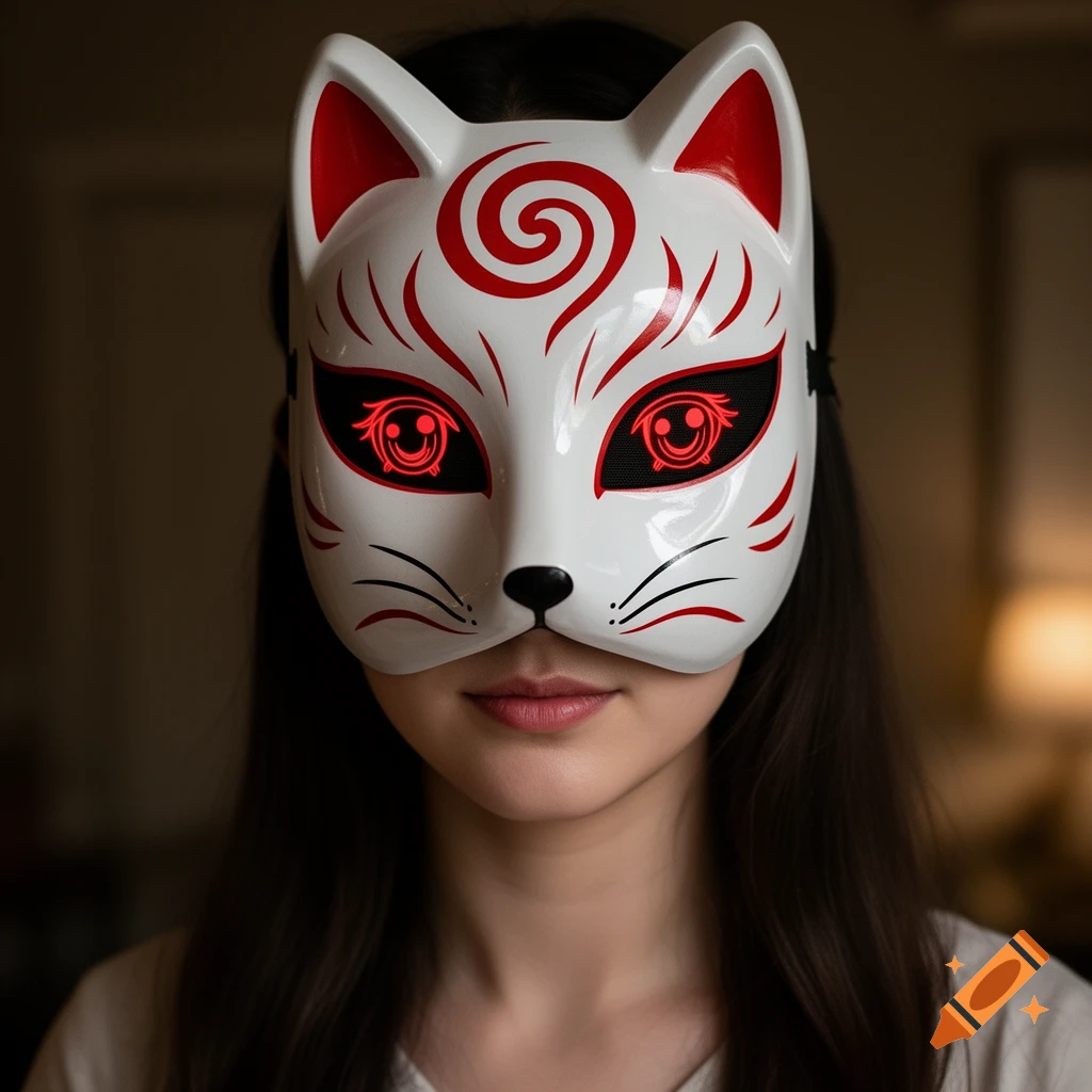A woman wears a glossy white kitsune mask with red markings, a red spiral, and glowing red lineart anime eyes.