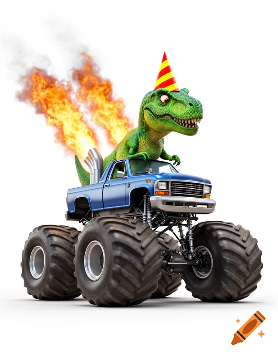 A green T-Rex in a party hat drives a blue monster truck with flames shooting from exhaust pipes, 3D cartoon style.