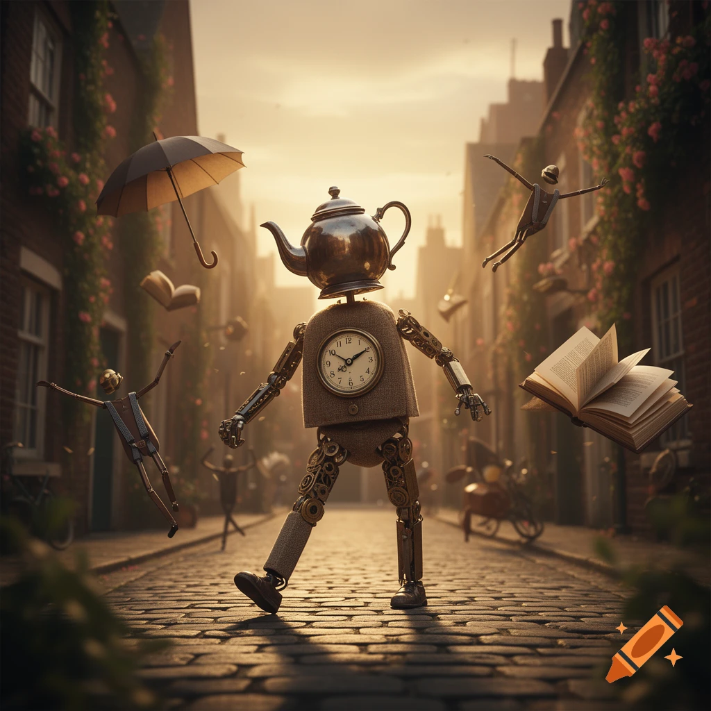 A whimsical, steampunk robot with a teapot head and clock torso walks down a cobblestone street at sunset, surrounded by floating books, an umbrella, and small figures.