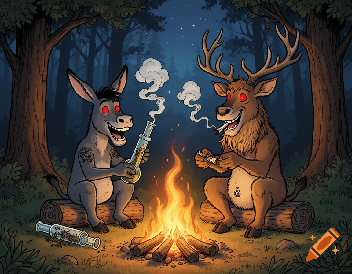 A cartoon donkey with tattoos and a deer with antlers, both with red eyes, sit around a campfire at night in a forest, smoking from a bong and joints.
