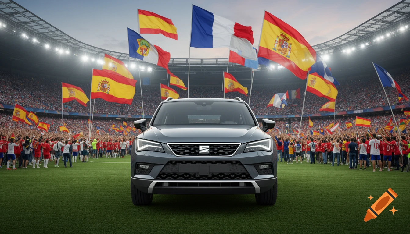Gray Seat Ateca SUV parked on a football field in a stadium filled with a cheering crowd waving Spanish and French flags, under a cloudy sky.