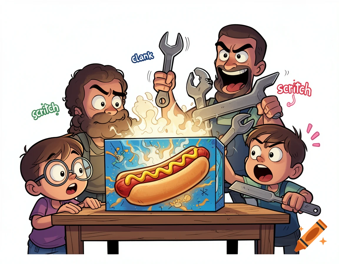 A cartoon illustration shows two men and two boys comically trying to open a box with a hot dog on it, complete with sound effects like "scritch" and "clank".