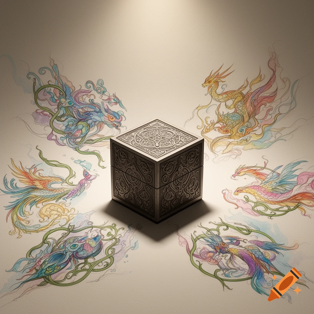 An ornate metal box surrounded by stylized watercolor illustrations of colorful mythical dragons and phoenixes on a light background.