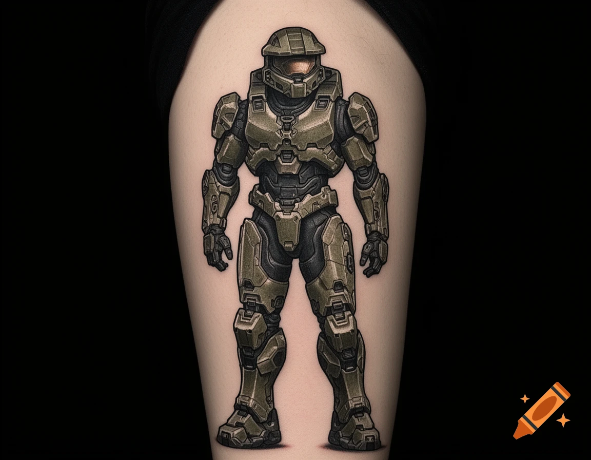 A detailed tattoo of Master Chief from the Halo video game, rendered in green and black armor on a person's skin.