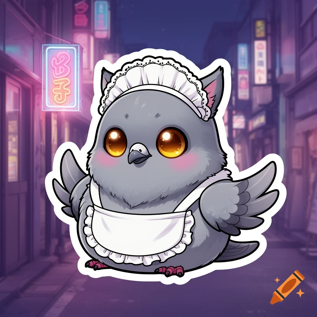 A kawaii sticker of a chubby gray pigeon-like creature wearing a white maid outfit and headband, with huge glowing amber eyes, set against a neon-lit Tokyo street at night.