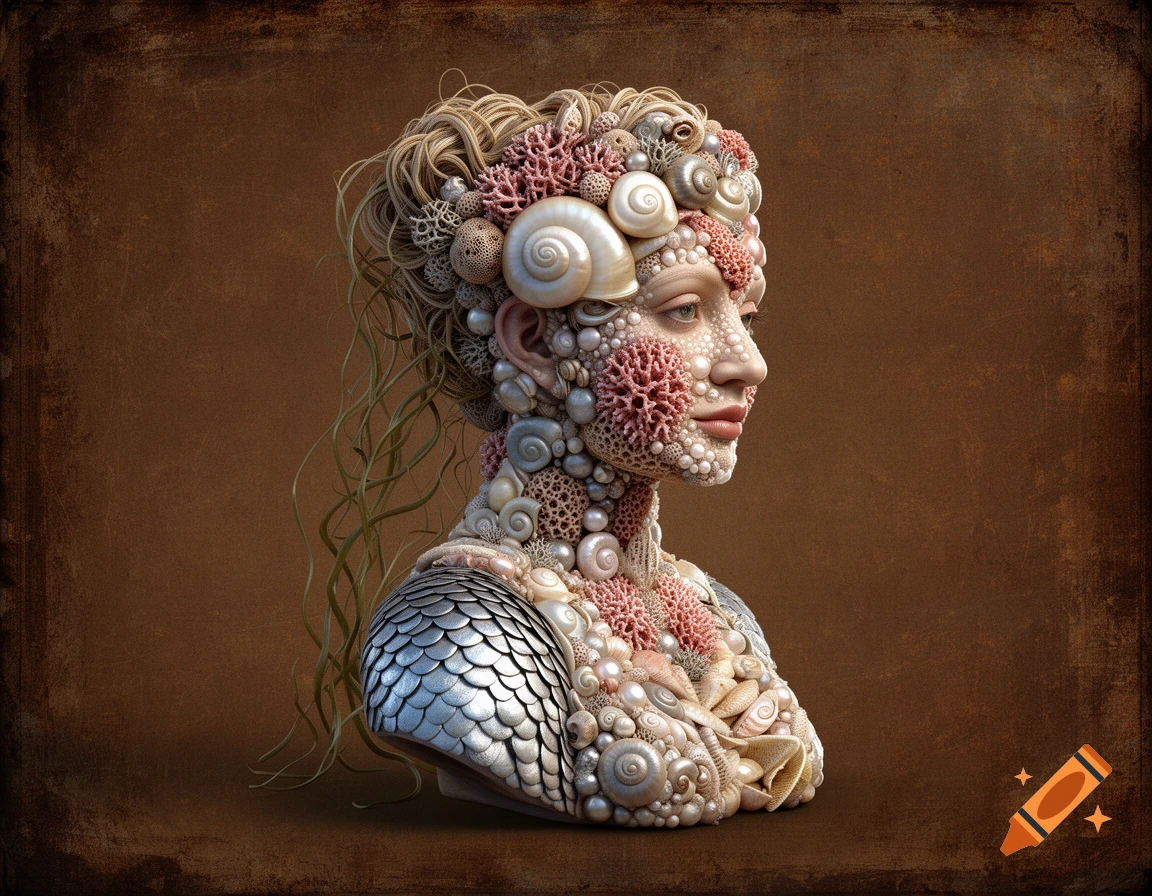 A photorealistic 3D bust of a woman made from seashells, coral, and pearls, with seaweed hair, in profile against a brown canvas.