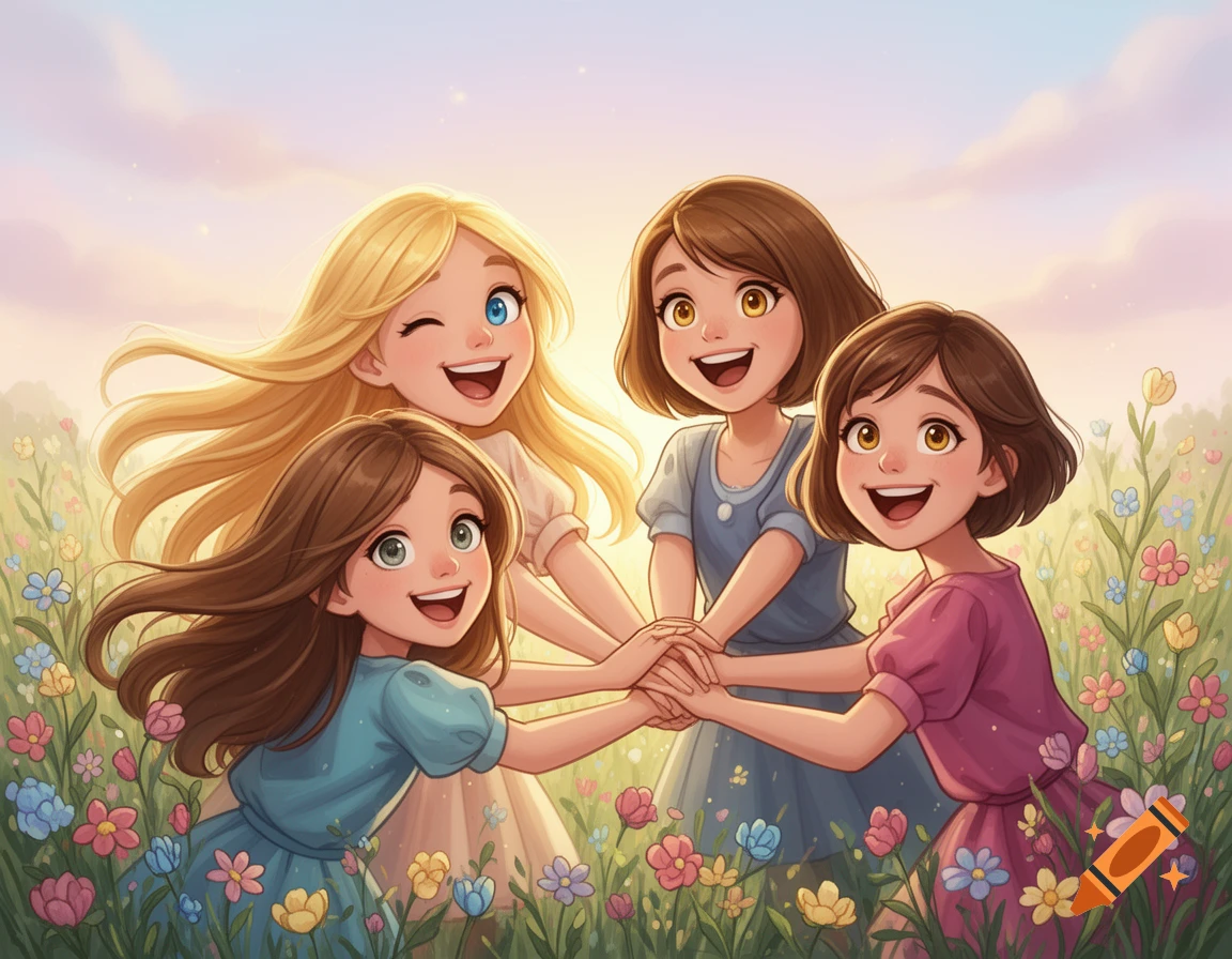 Four happy cartoon girls with diverse hair colors hold hands in a sunny field filled with colorful flowers.
