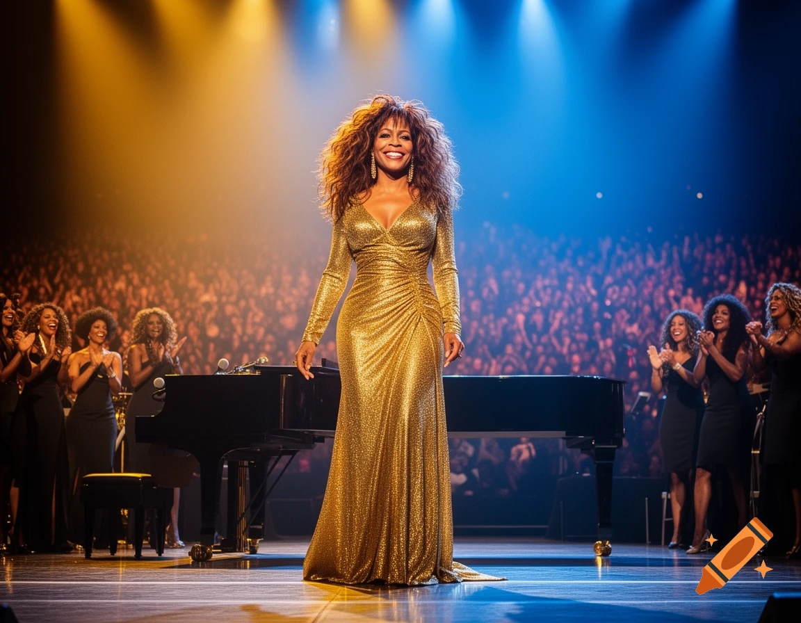 A smiling female singer with big hair and a gold gown stands center stage in front of a grand piano and a blurred audience.